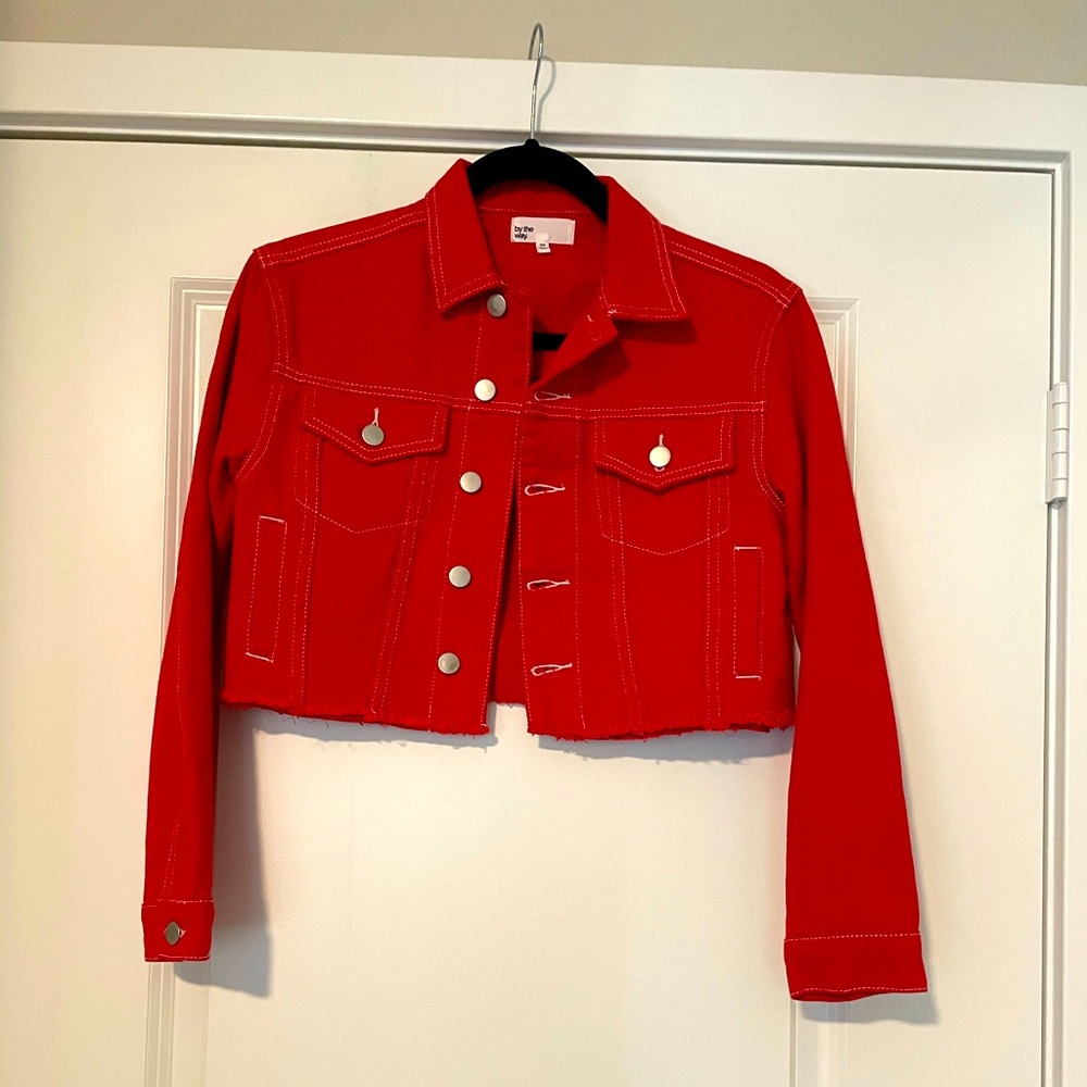 BY THE WAY CROPPED RED DENIM JACKET